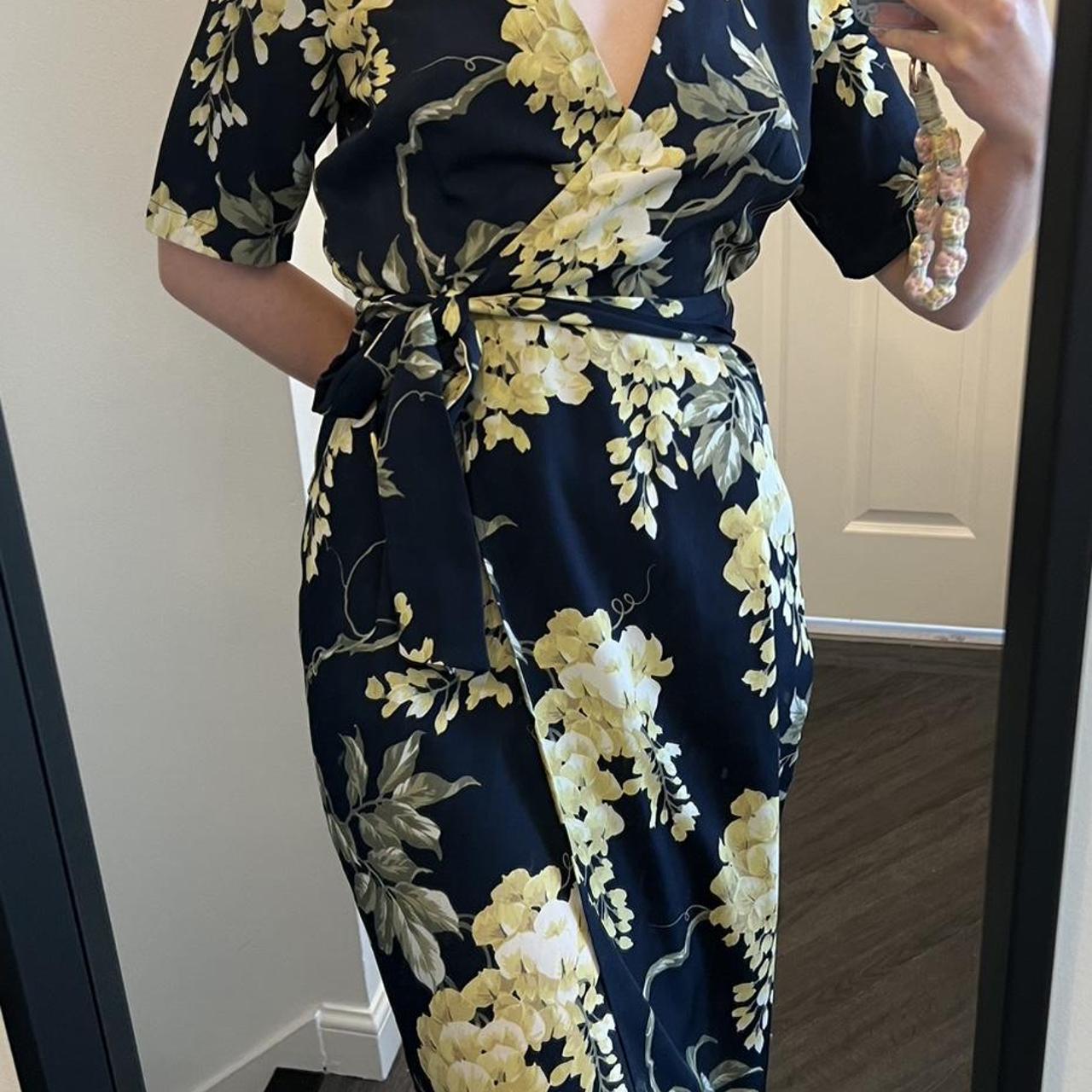Navy and yellow floral wrap dress #floraldress... | Depop