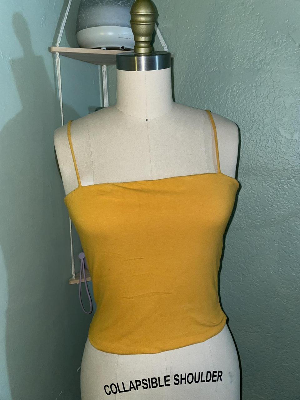 Mustard colored, spaghetti strapped crop top Retro - Depop