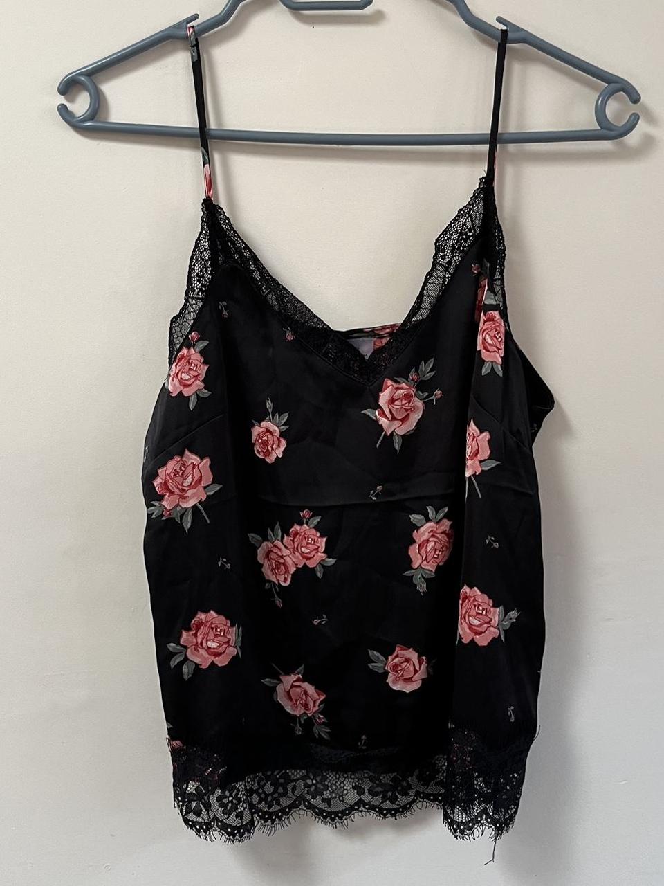 Floral satin lace trim tank top adjustable... - Depop