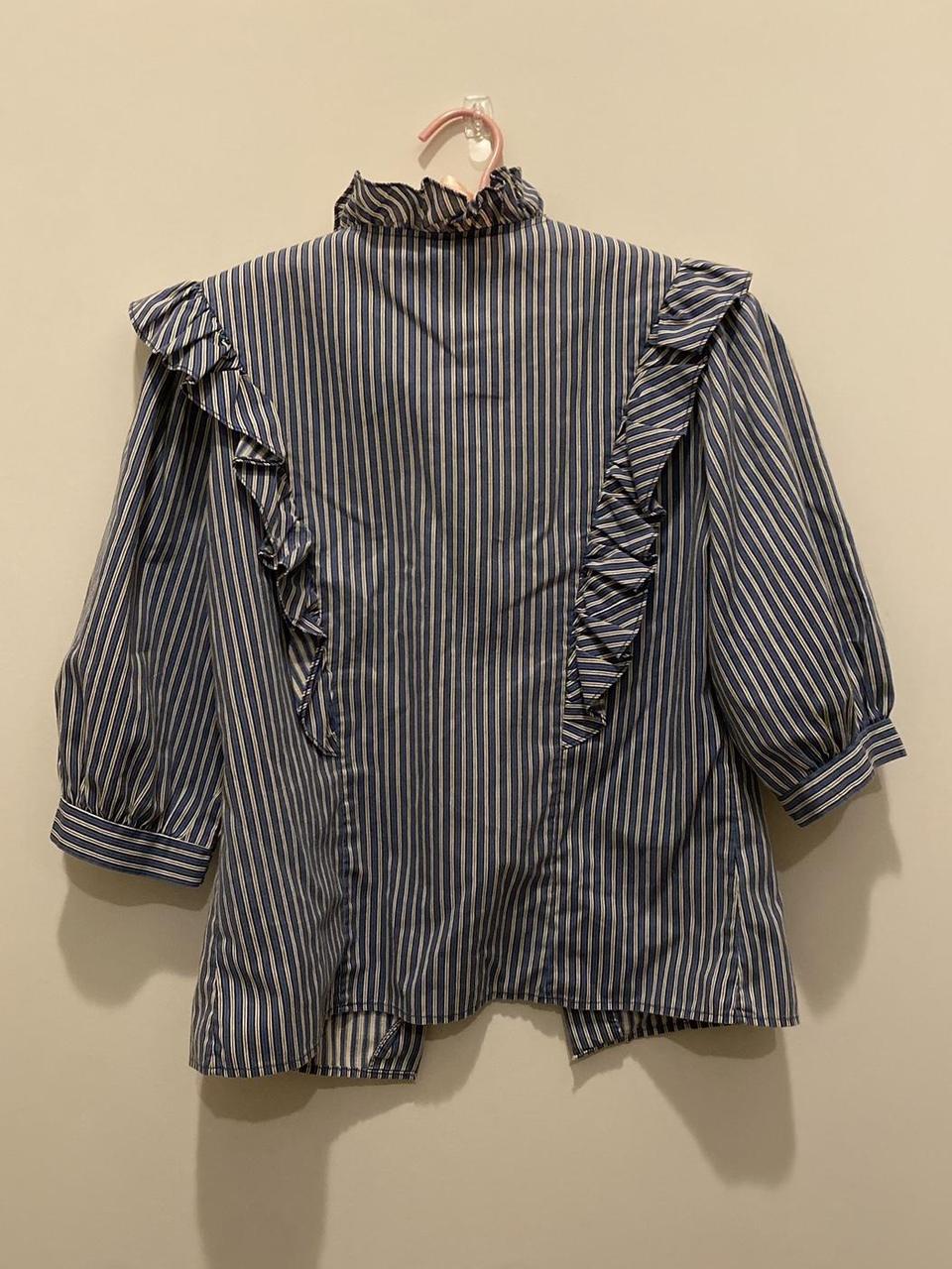 Navy and white striped blouse with ruffle collar and... - Depop