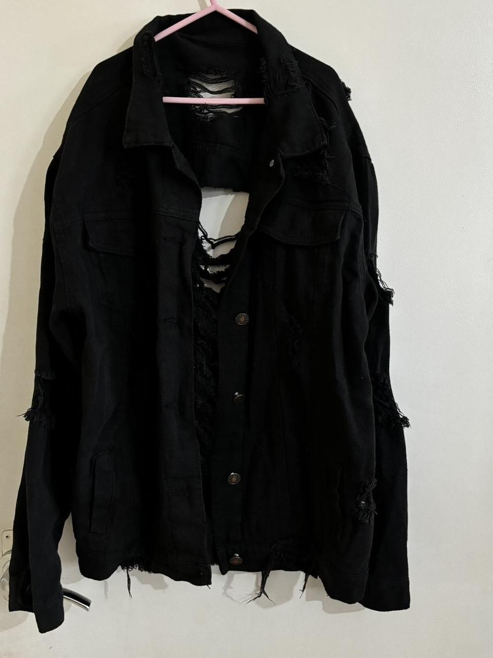 Black distressed denim jacket womens best sale