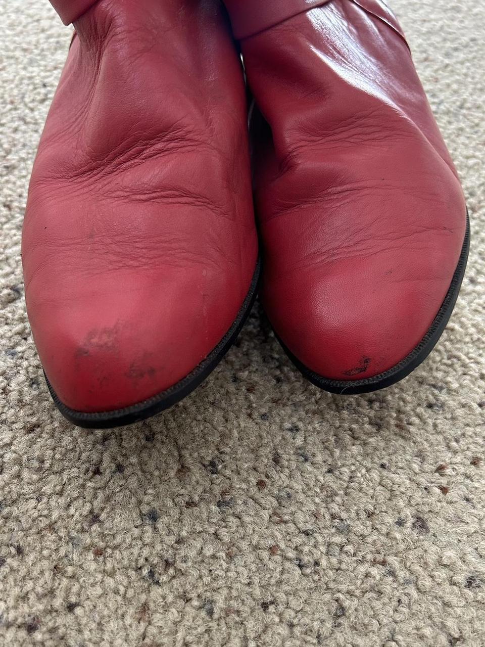 vintage cherry red cuffed leather slip on boots with... - Depop