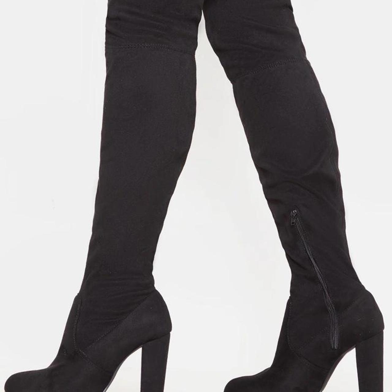 Bess Black Faux Suede Heel Thigh Boots, From