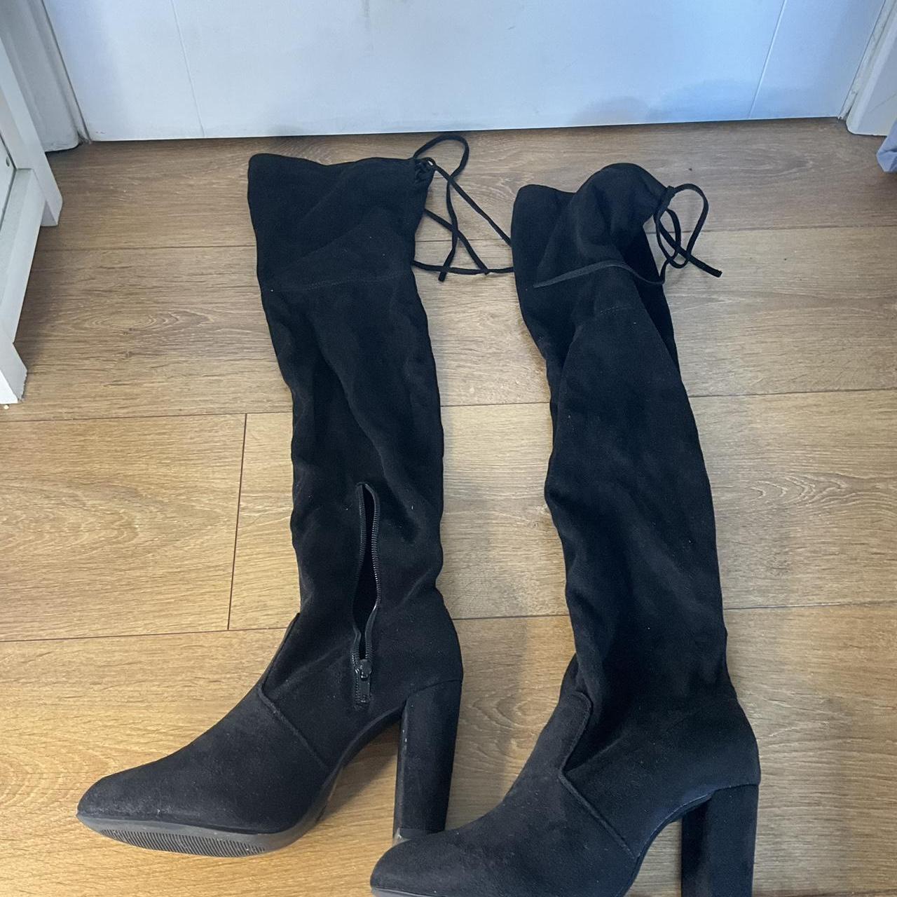 Bess Black Faux Suede Heel Thigh Boots From Depop