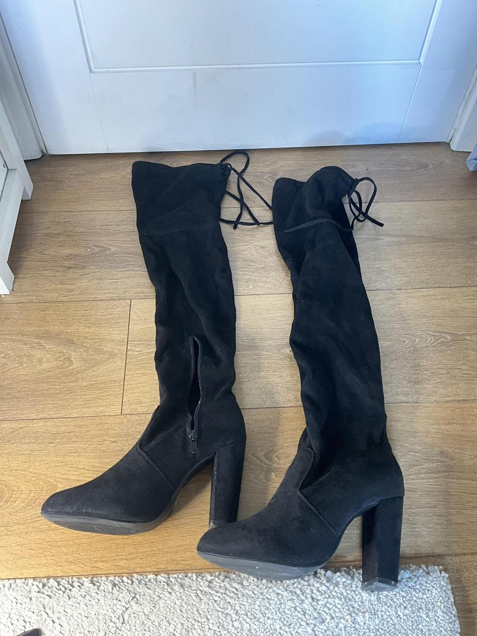 Bess black faux suede heel thigh boots on sale