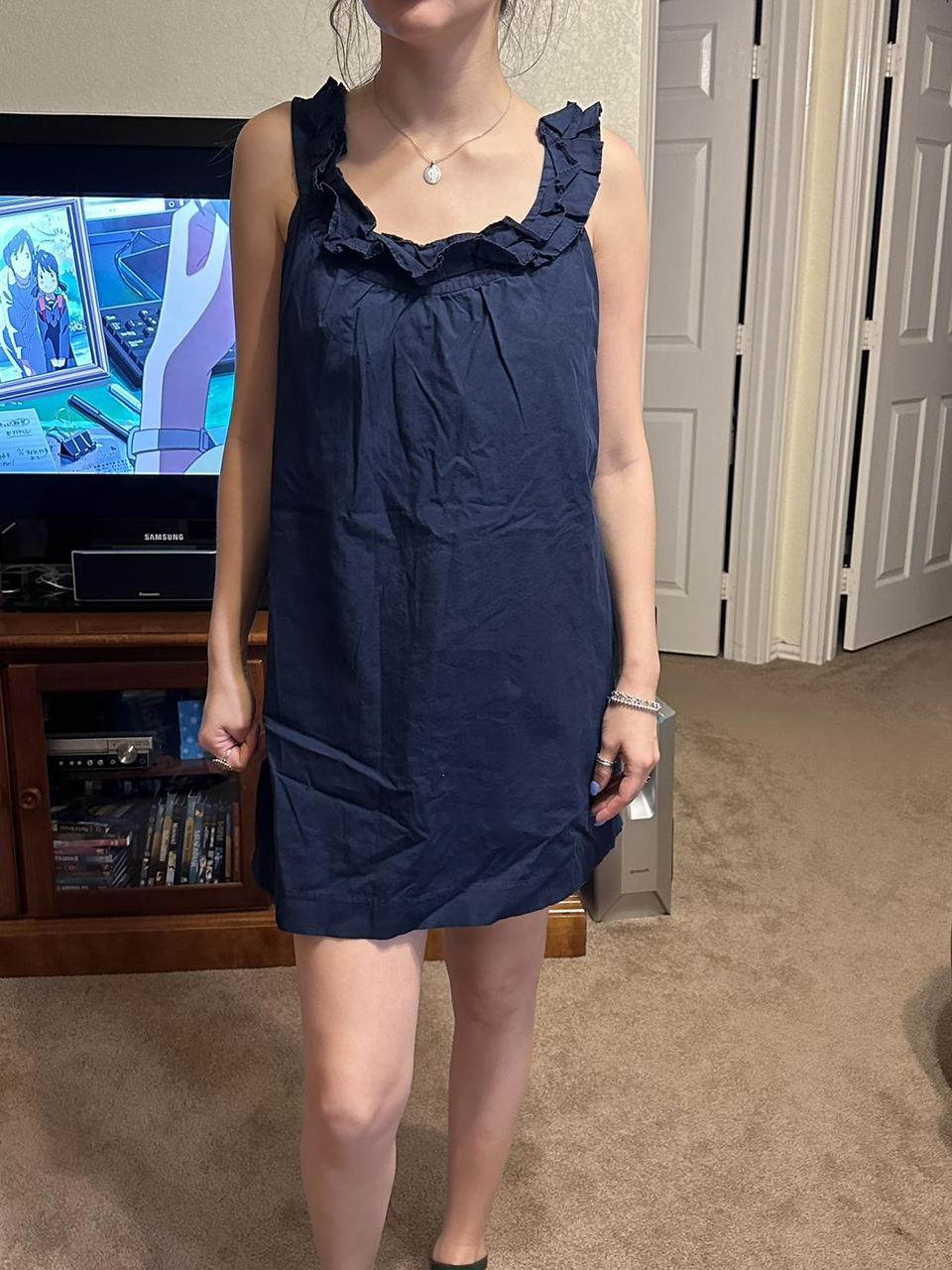 90s navy blue babydoll dress with ruffle details on... - Depop