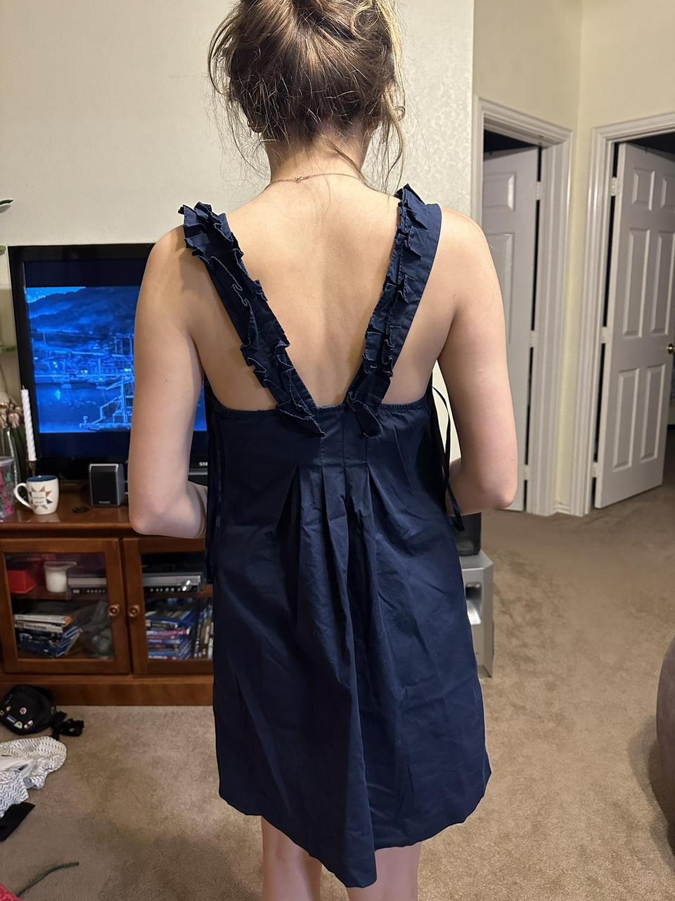 90s navy blue babydoll dress with ruffle details on... - Depop
