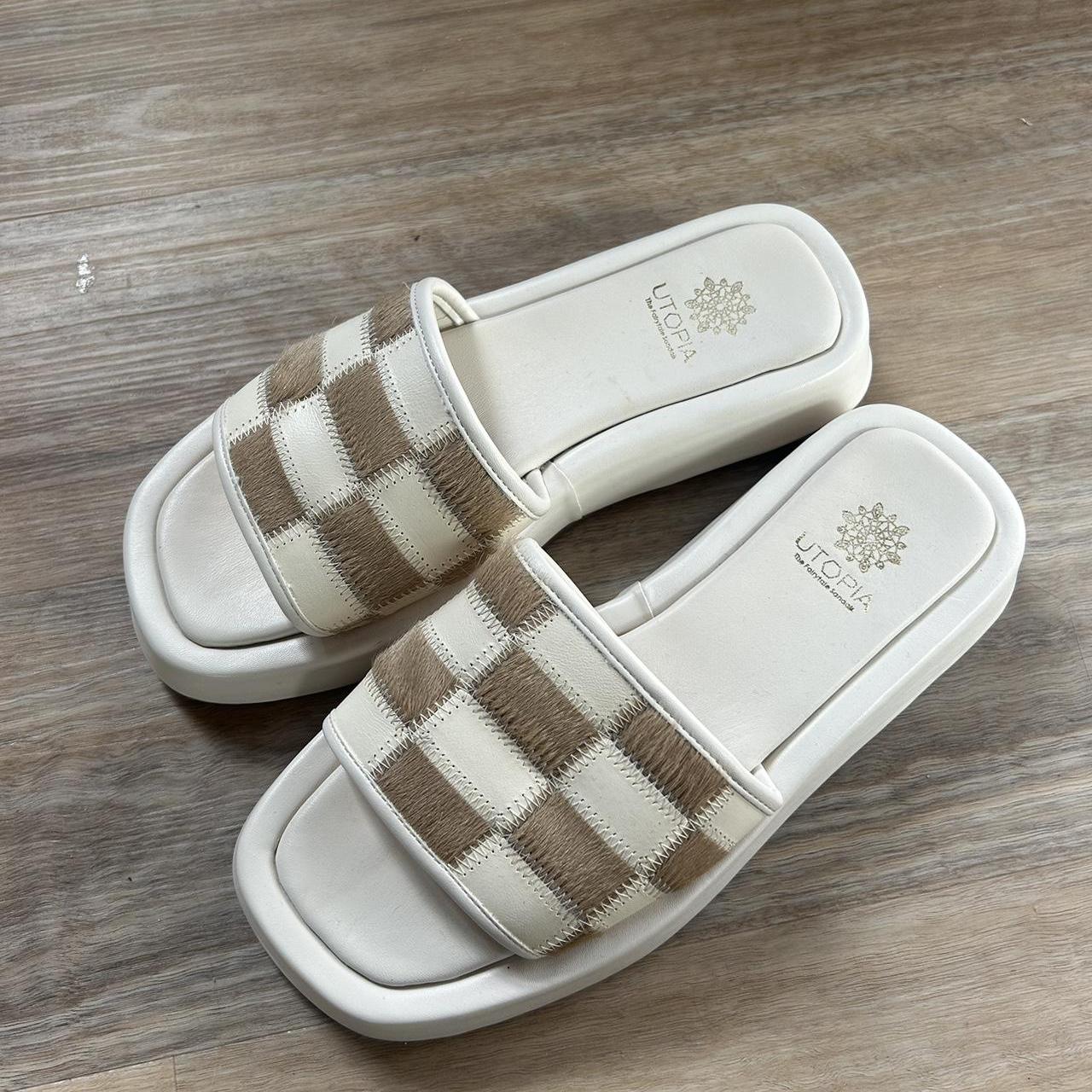 White and beige slides Checker box pattern White... | Depop