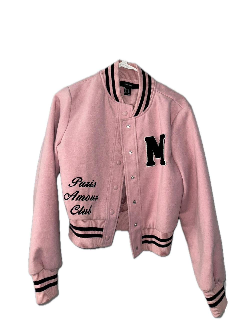 Pink letterman jacket forever 21 hotsell