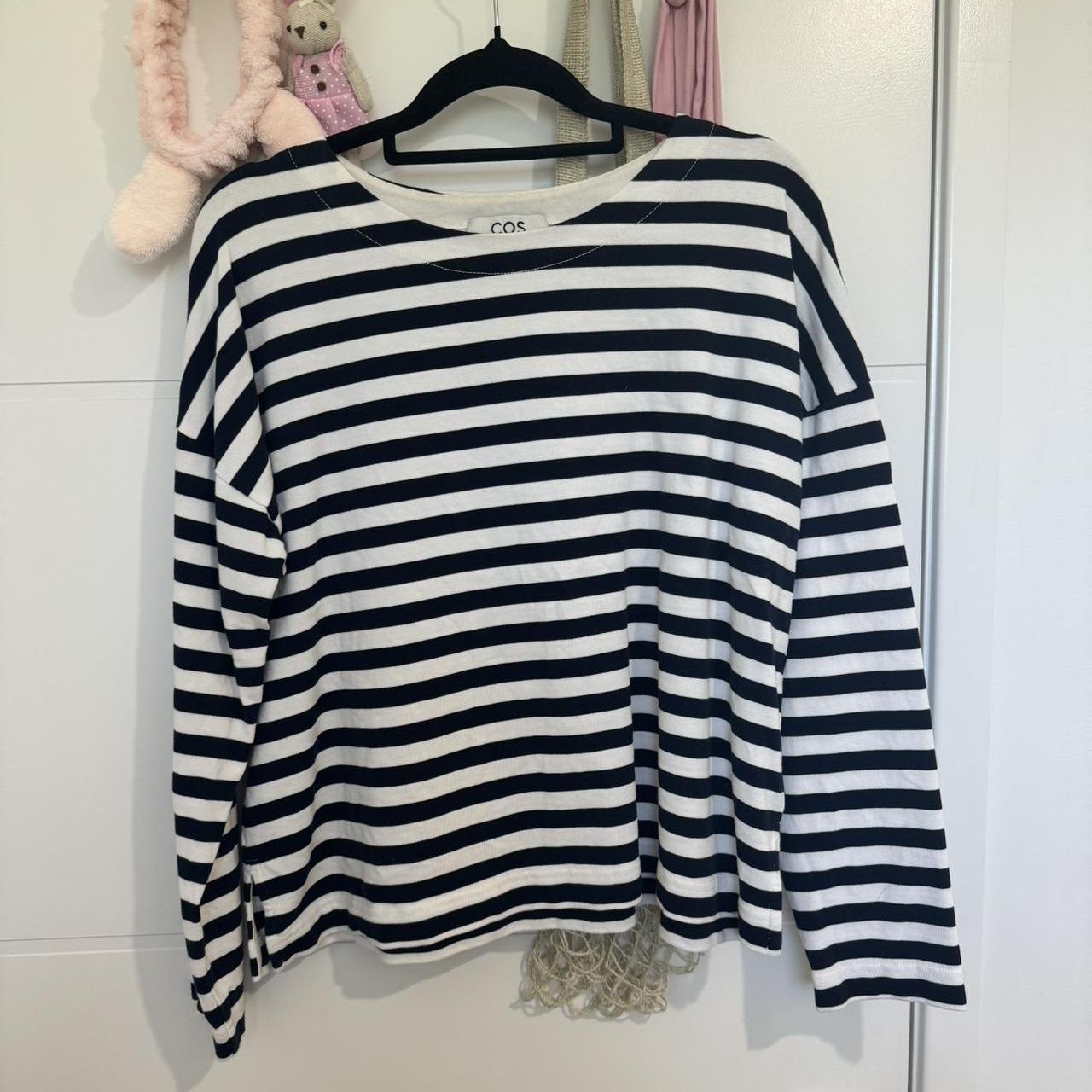 cos boxy navy white stripe long sleeve worn... - Depop