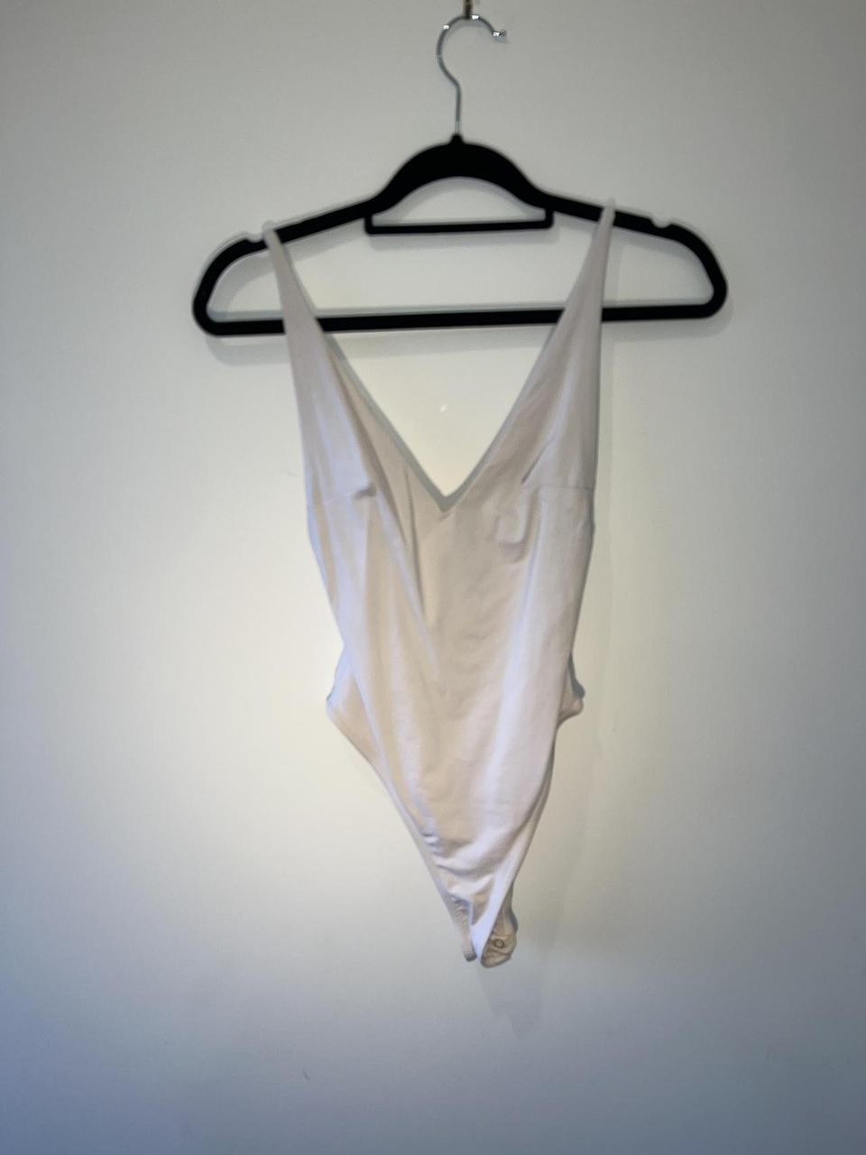 Deep V Bodysuit White - Depop