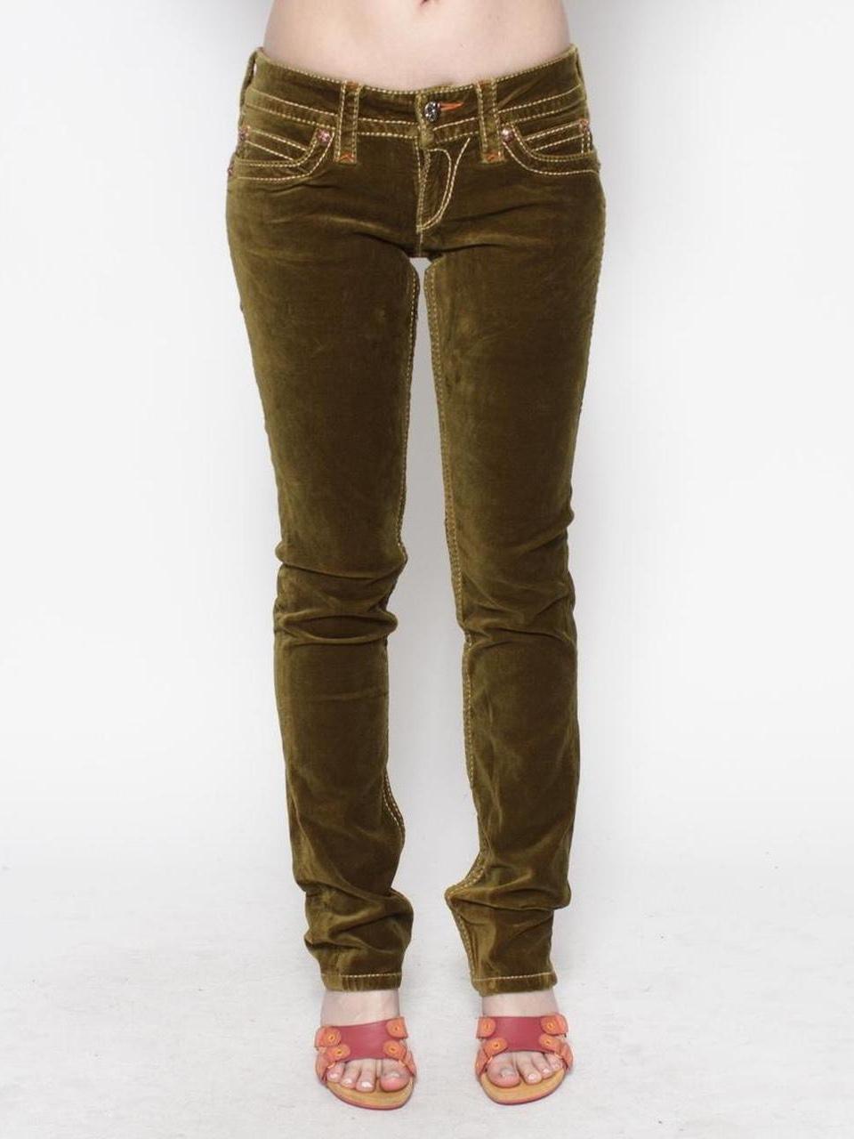 Vintage Women's Low rise Distressed Pants - Green/Khaki - 28" – 2000s Y2k velvet pants by Rock Revival. …