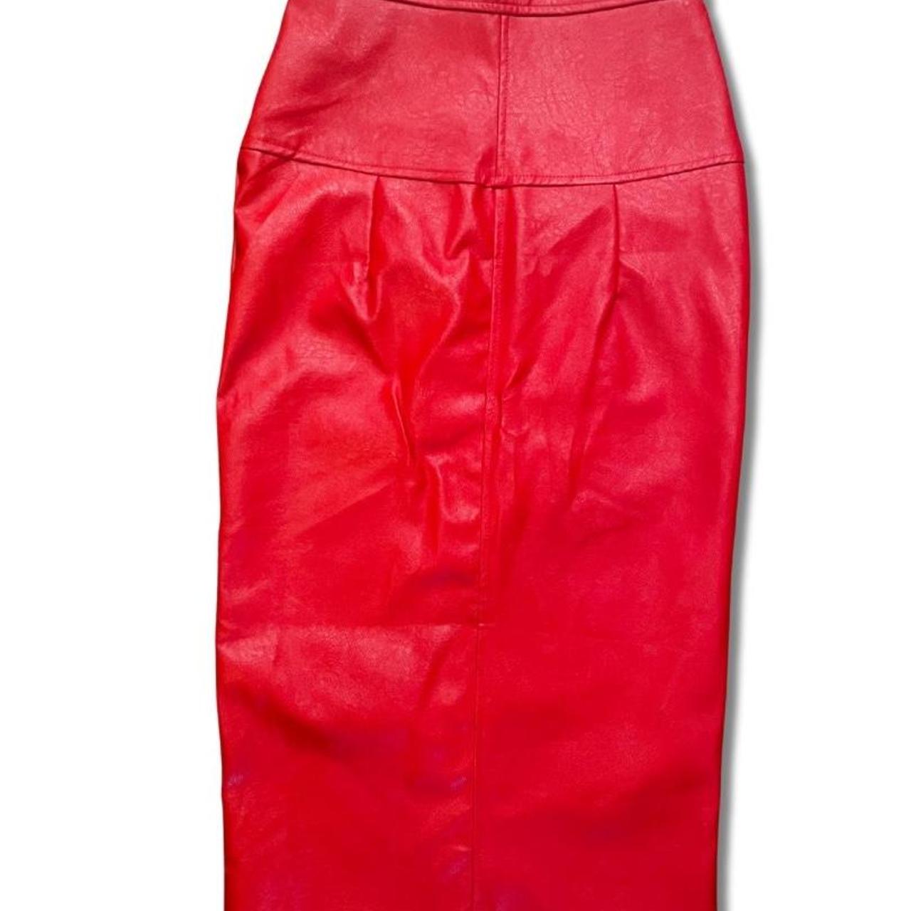 Red faux leather midi pencil skirt with Depop