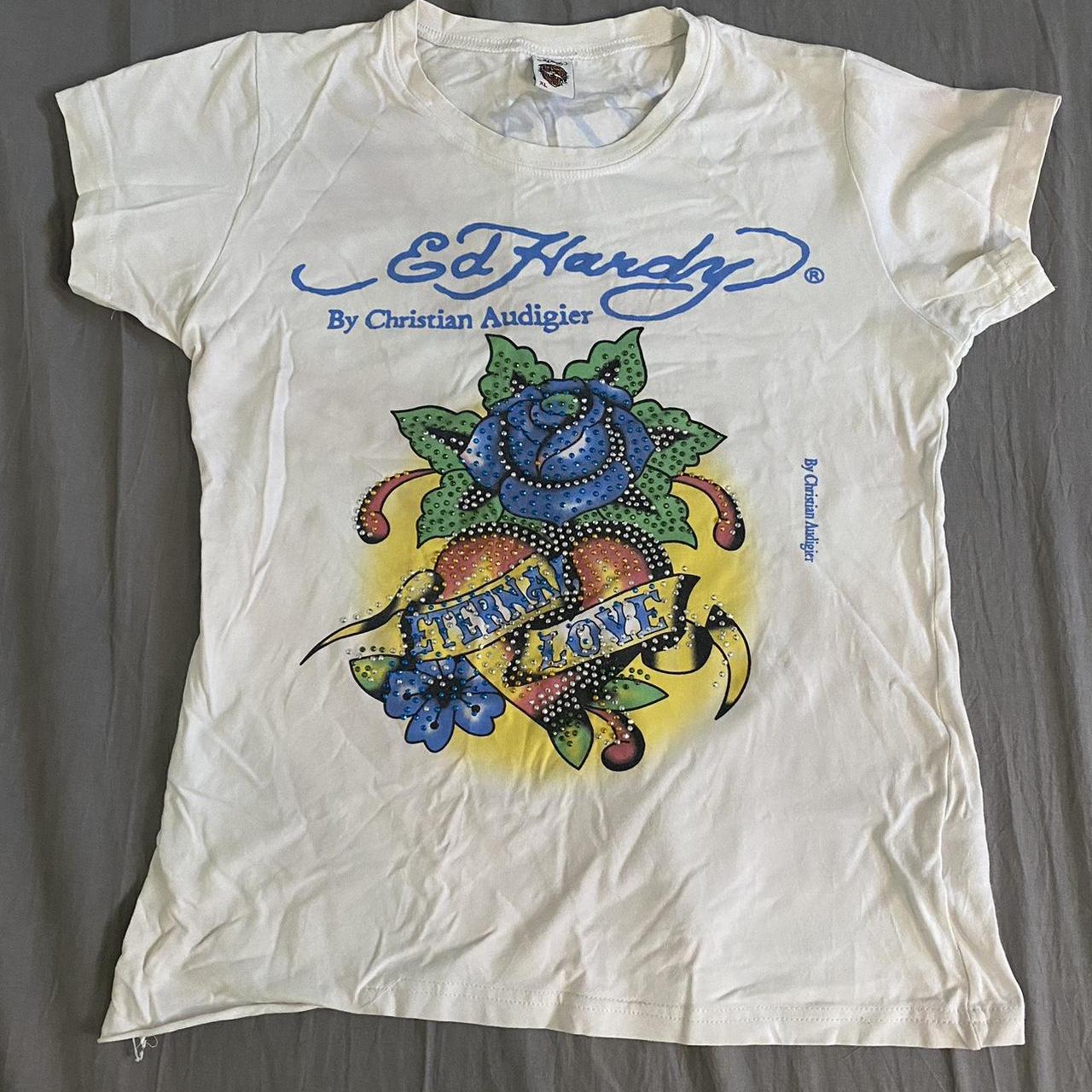 ed hardy tshirt has rhinestones tag says XL but... - Depop