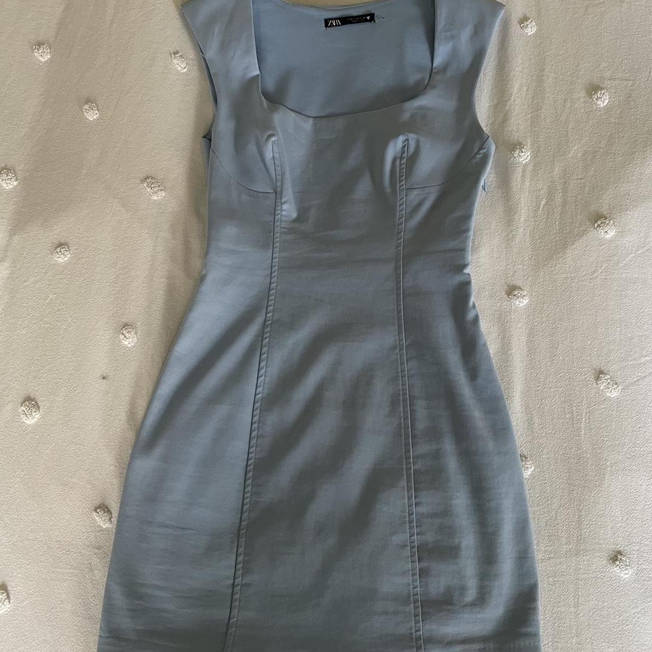 Zara Baby Blue Square Neck Fitted Dress Size... - Depop