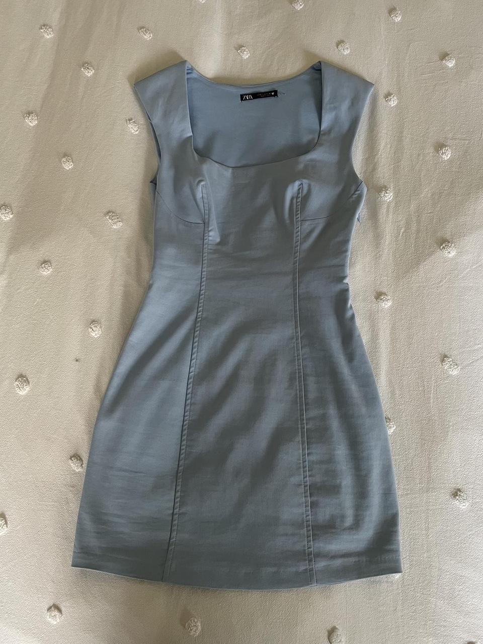 Zara Baby Blue Square Neck Fitted Dress Size... - Depop