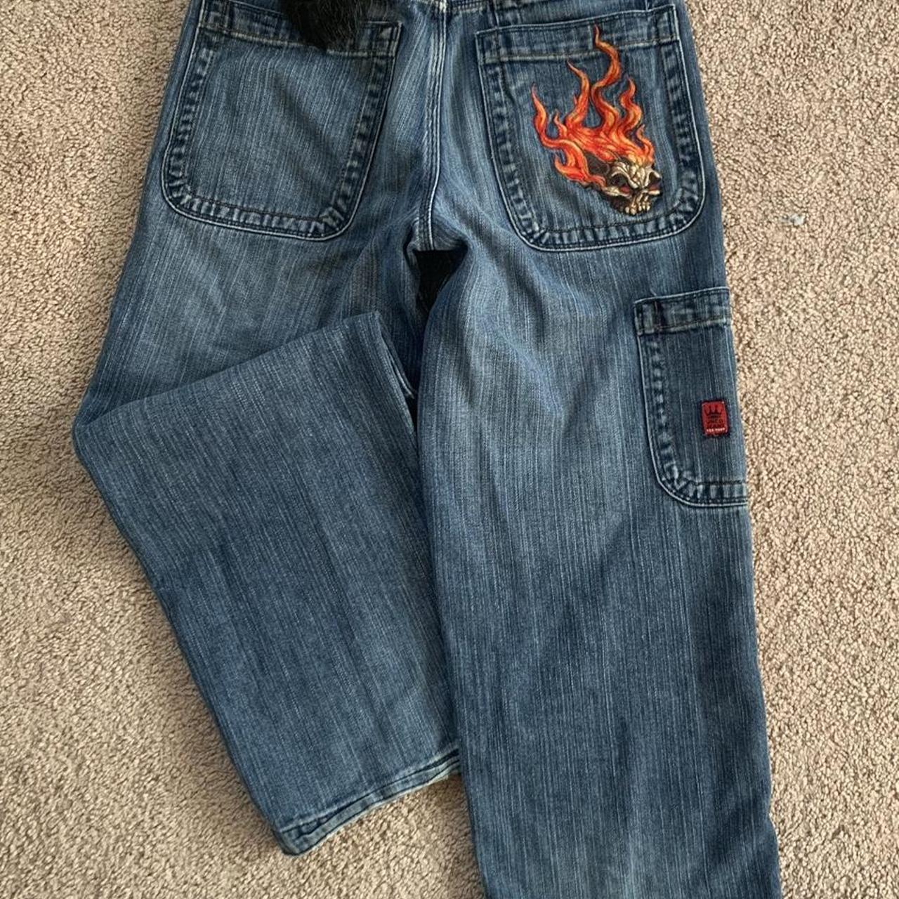 VINTAGE Flaming Skull Jnco Jeans Size 10 Greta... Depop