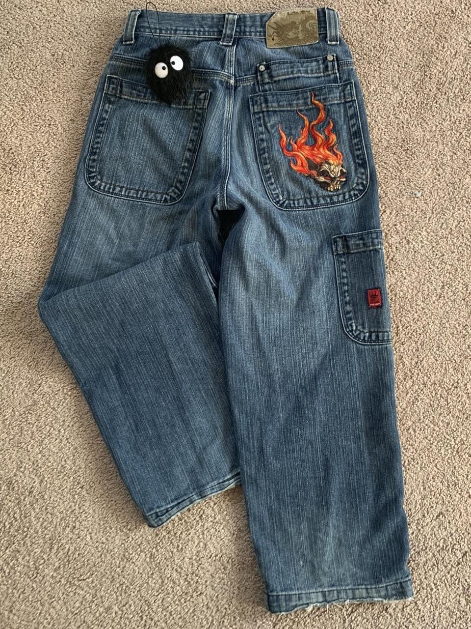 VINTAGE Flaming Skull Jnco Jeans Size 10 Greta... - Depop