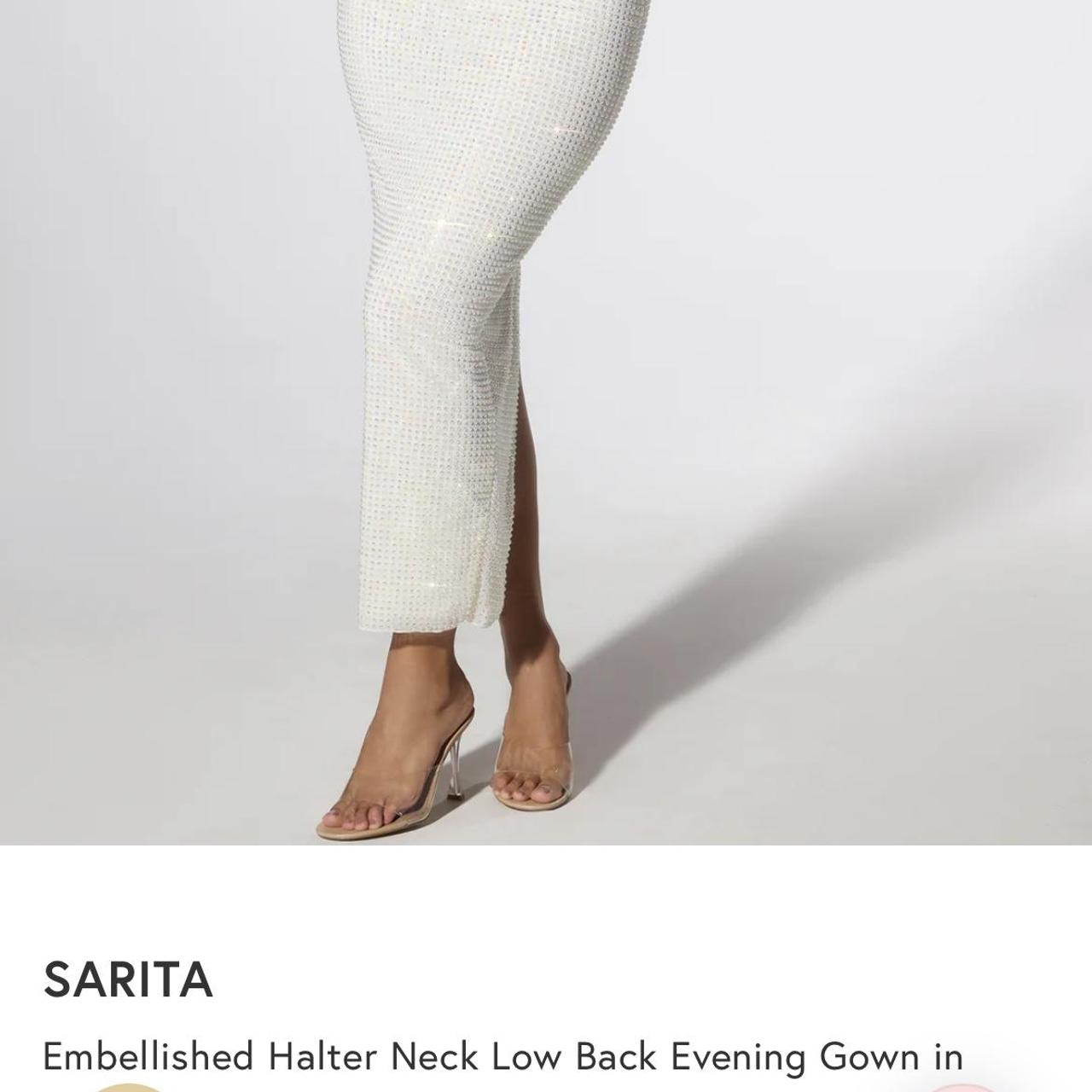 Sarita Embellished Halter Neck Low Back Evening Gown in Ivory
