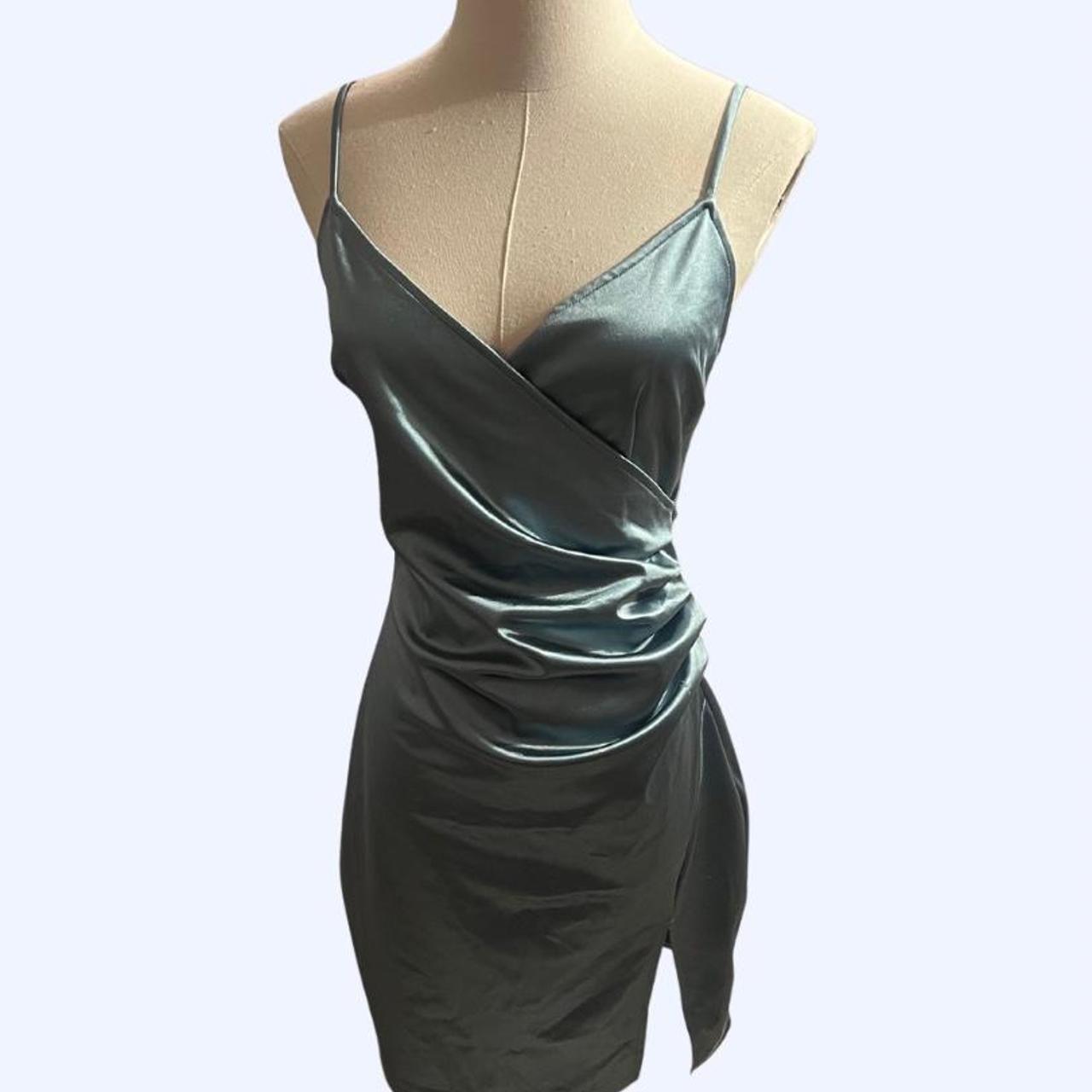 Satin mini dress in Teal w/ slit 🪩 worn once for... - Depop