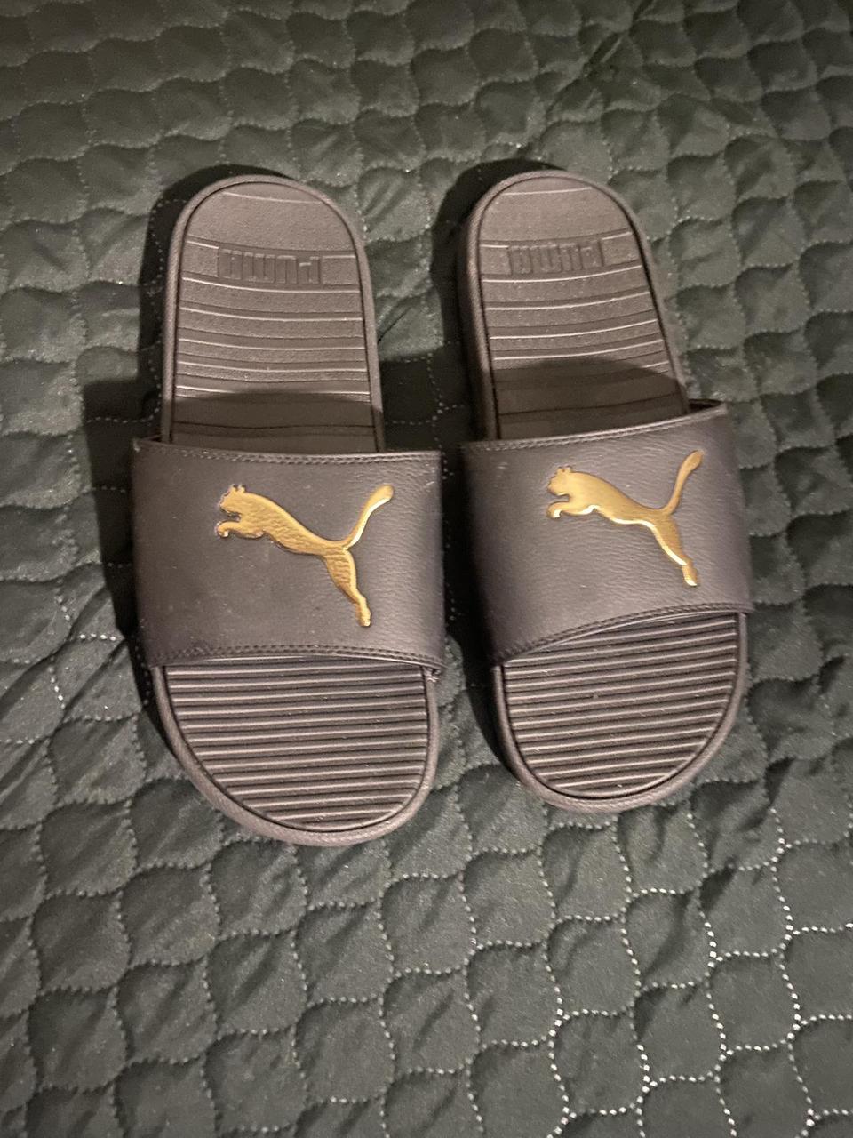 all black and gold puma slides size 11 - Depop