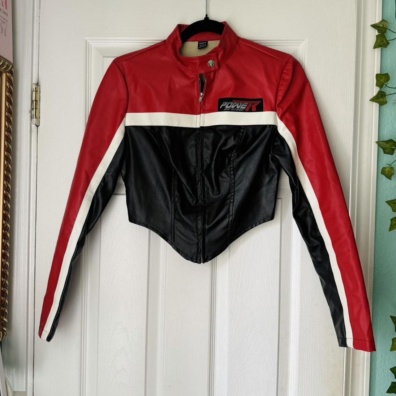 cropped leather race jacket “V neck hemline”... - Depop