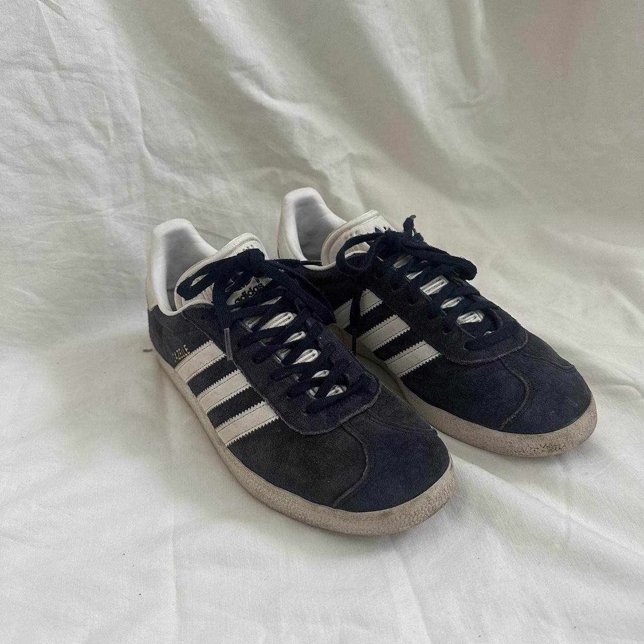 Navy blue and white Adidas Gazelles. Great... - Depop