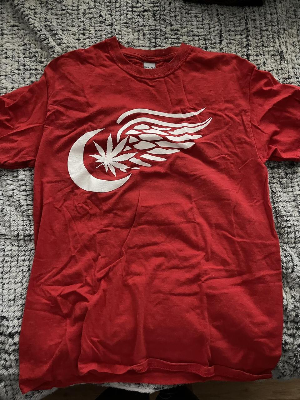 custom red wings shirt with weed in the middle never. Depop