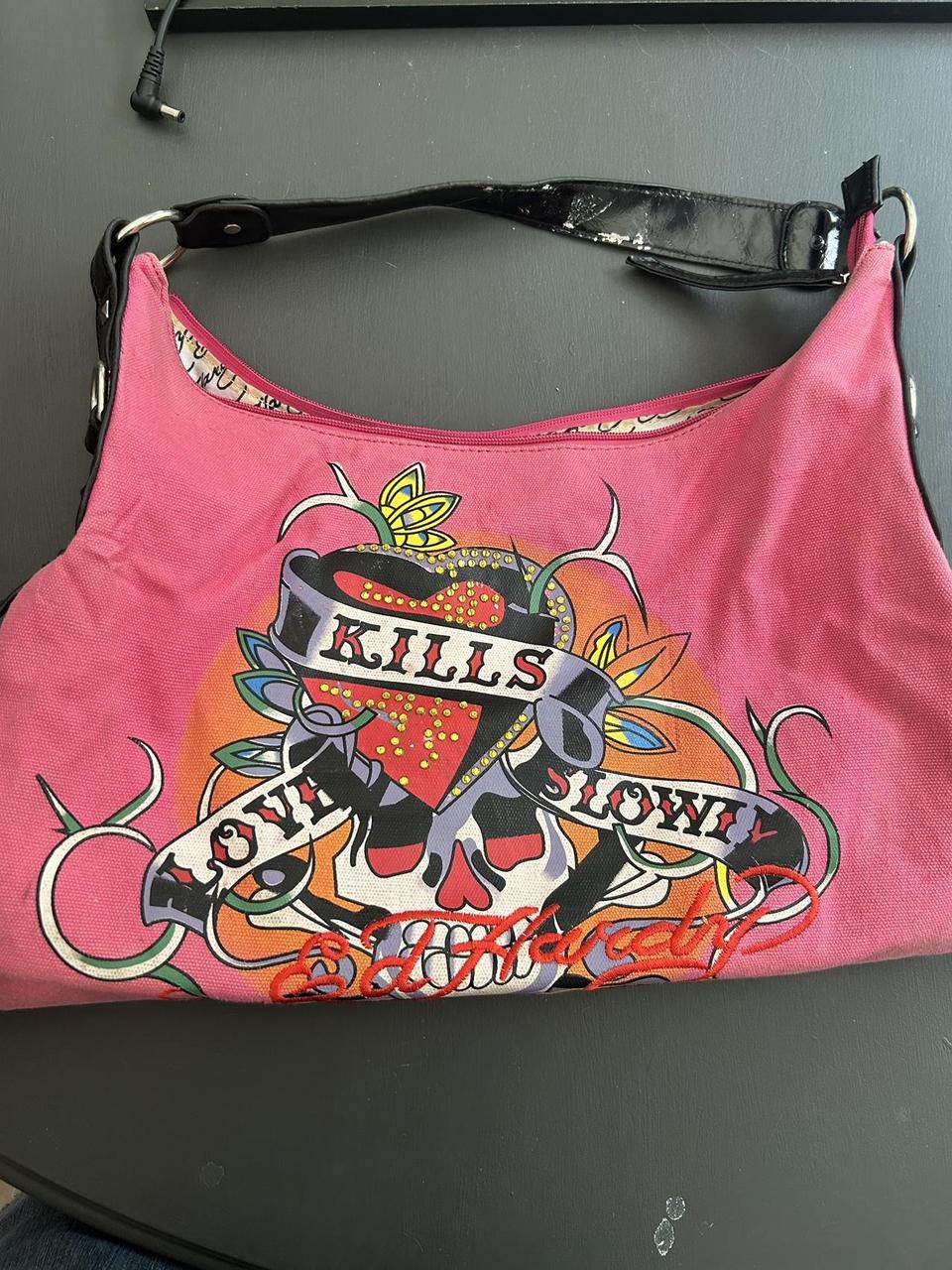 Pink Ed Hardy purse/bag with black studded strap.... - Depop