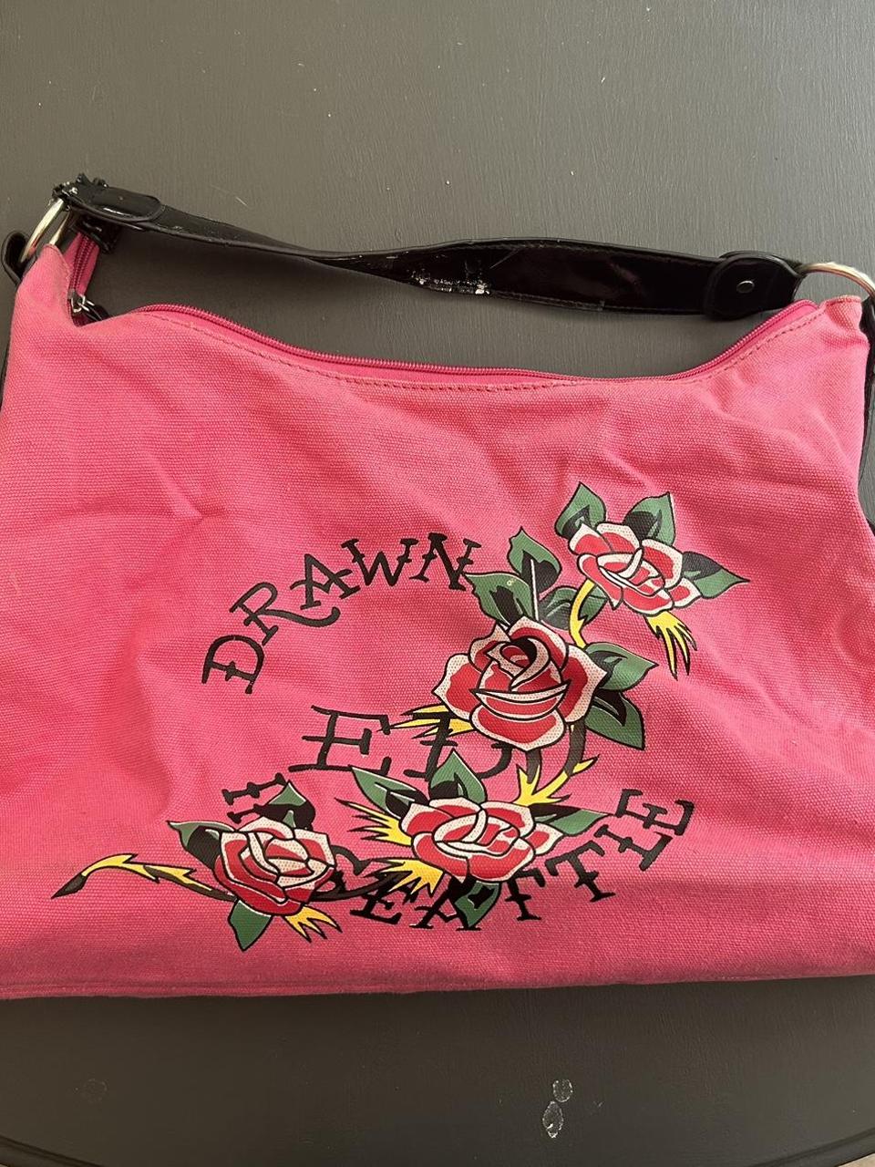 Pink Ed Hardy purse/bag with black studded strap.... - Depop