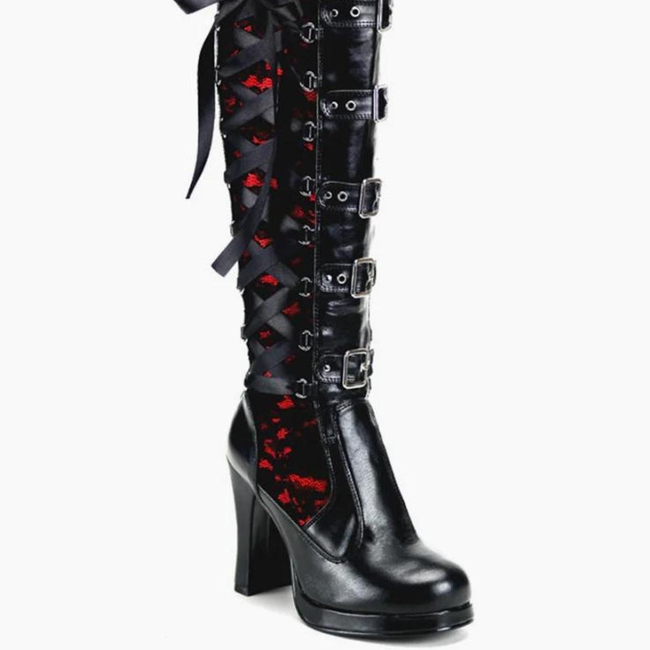 Vintage DEMONIA Crypto-106 Knee-High Boots Black Red | Depop