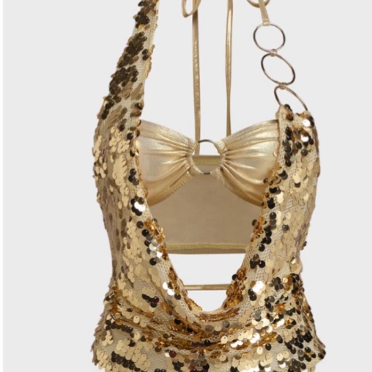 Gold sequin halter neck top with tie back detail... | Depop