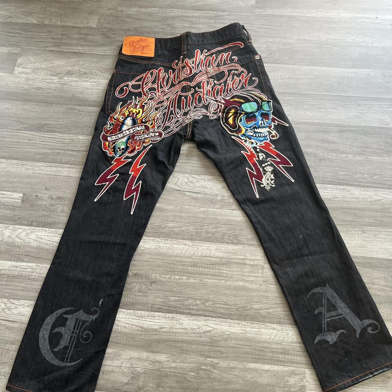 Christian audigier dark wash boot cheapest cut jeans