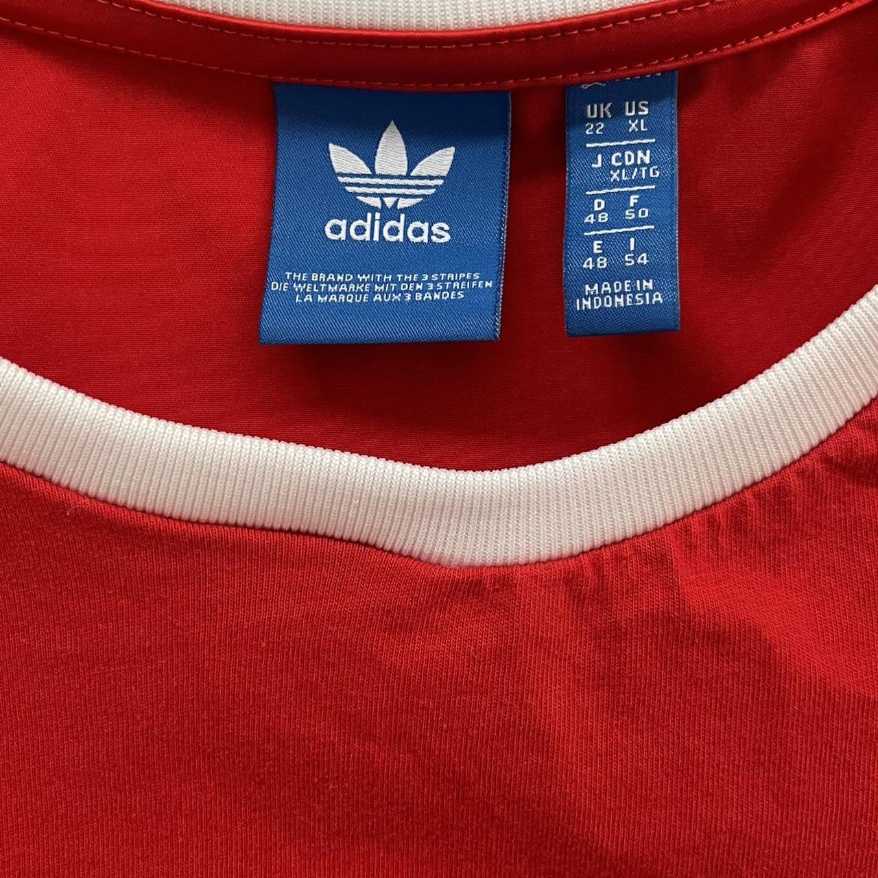 red adidas three striped shirt so blokecore size:... - Depop