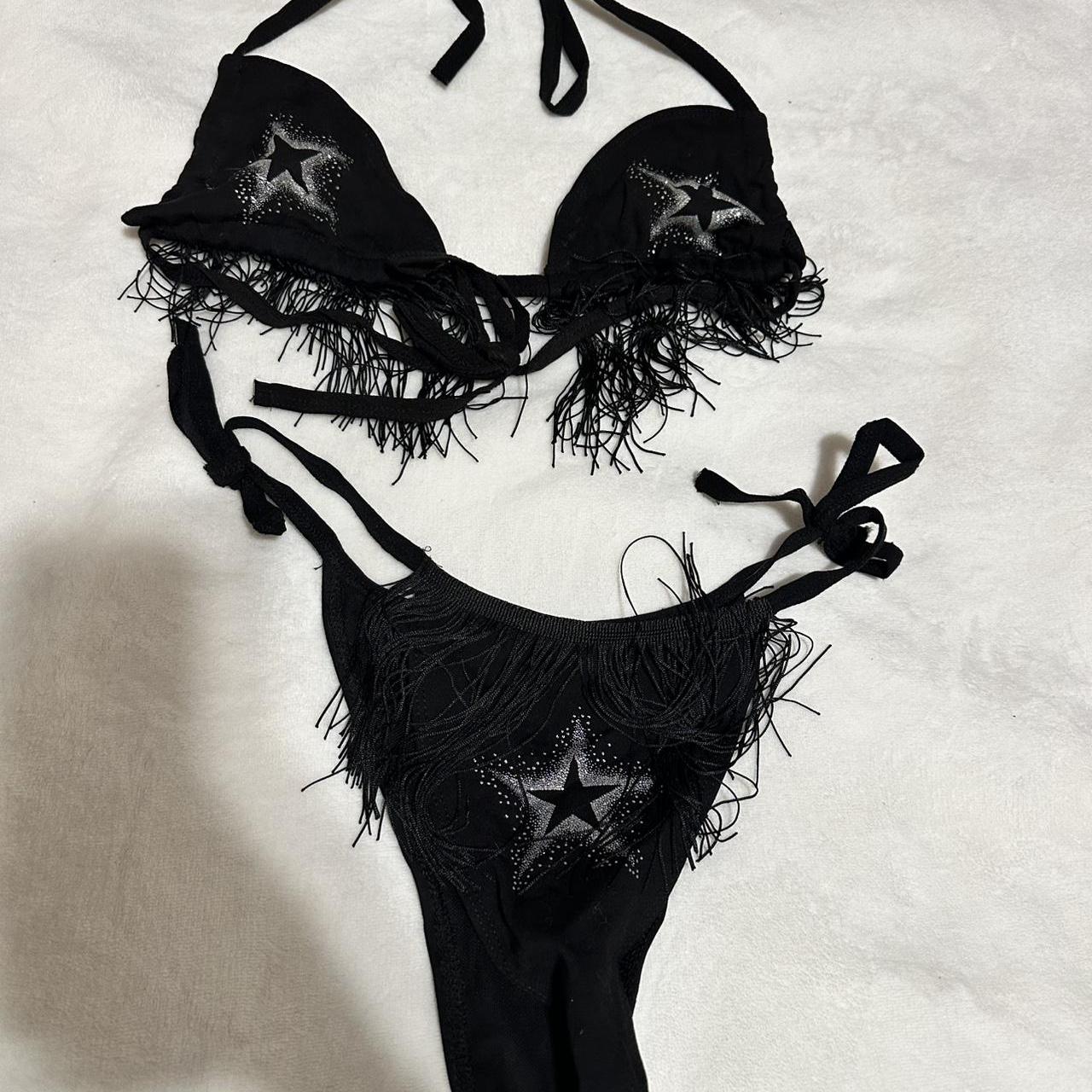 black fringe lingerie set with silver stars. size... | Depop