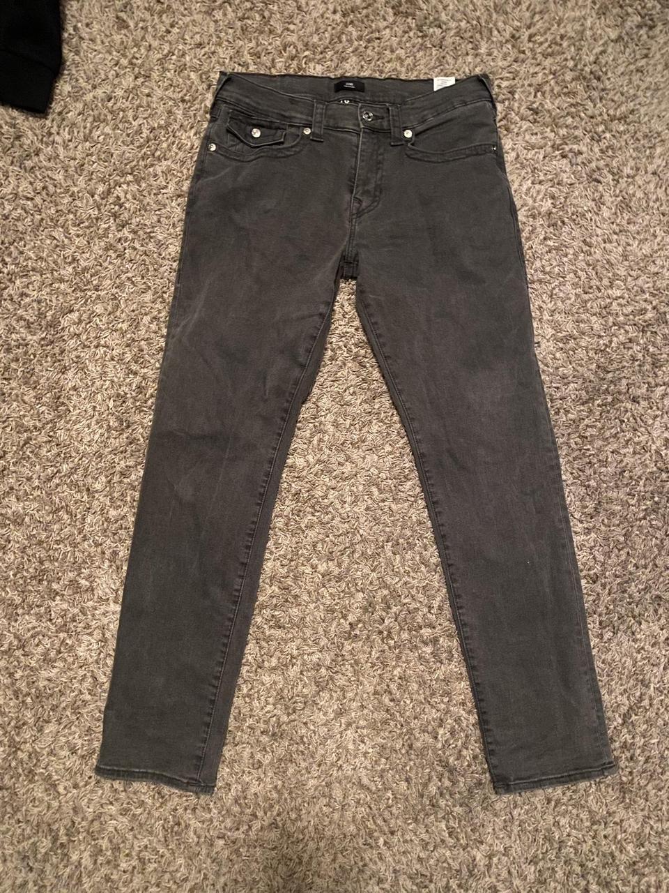 grey true religion jeans black stitching... - Depop