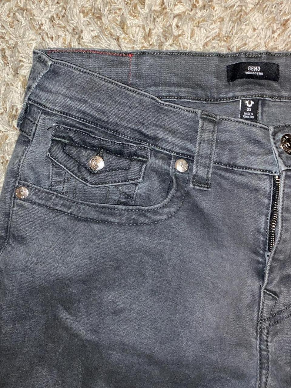 grey true religion jeans black stitching... - Depop