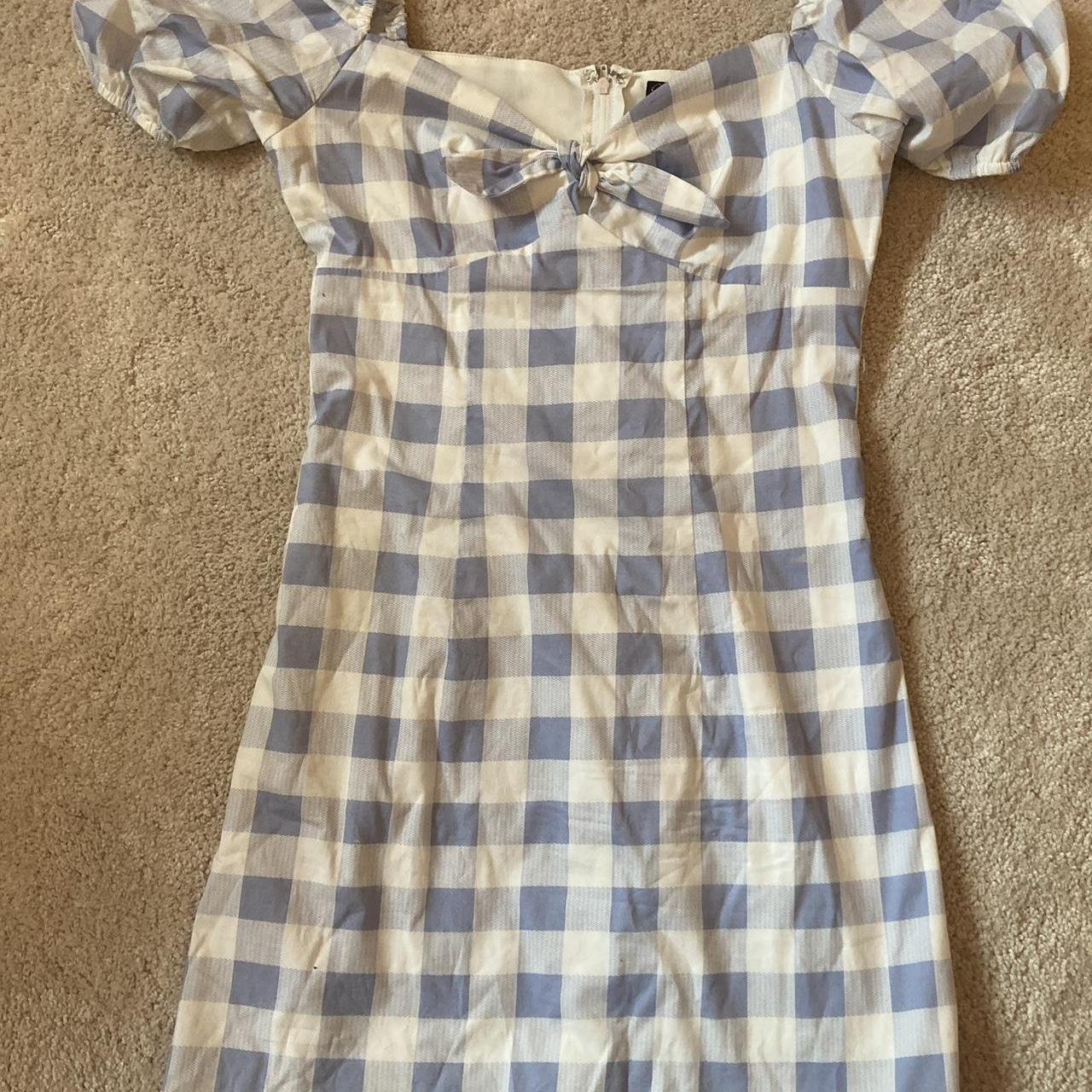 Blue and White Gingham Pattern Dress - Depop