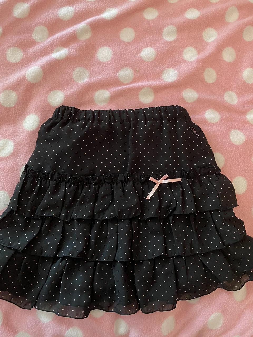 mezzo piano black and light pink polka dot miniskirt... - Depop