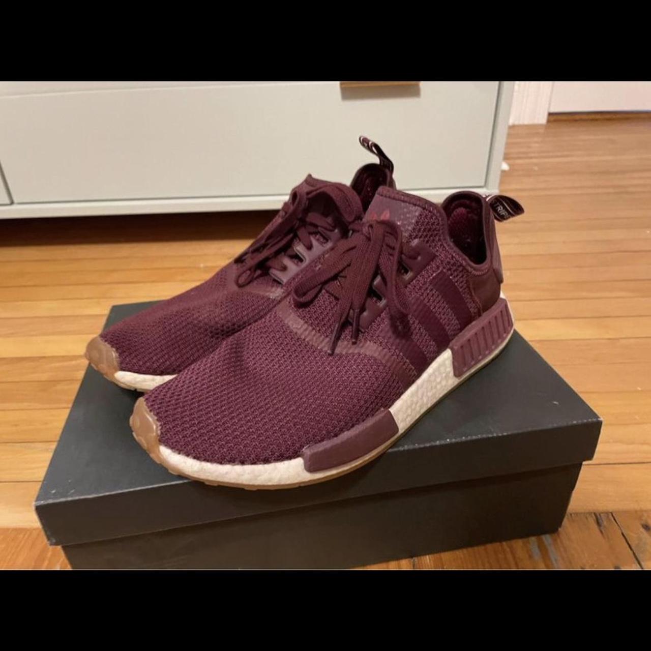 ADIDAS NMD R1 maroon with box and paper Depop