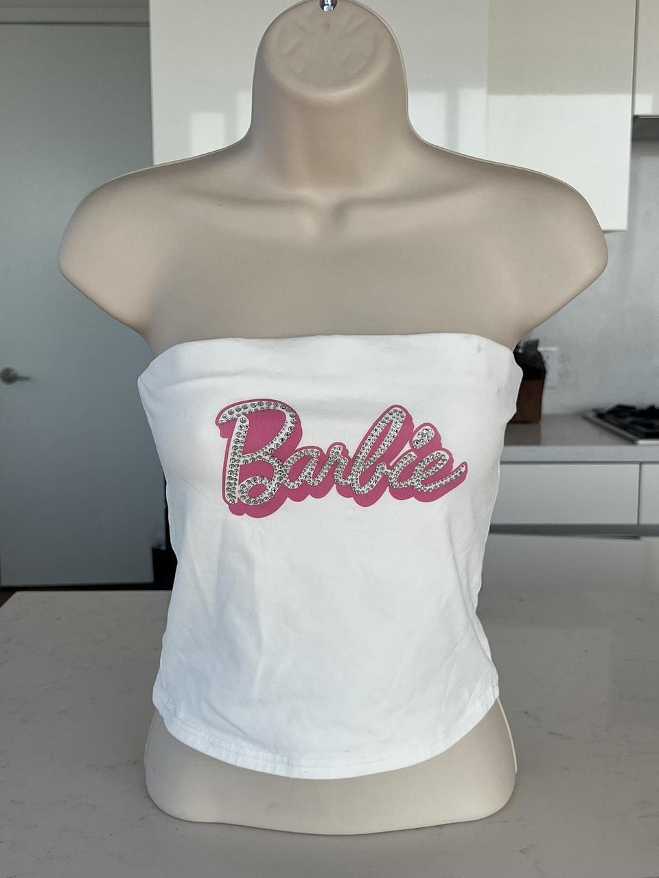 2000s Barbie white and pink tube top with rhinestone. Depop