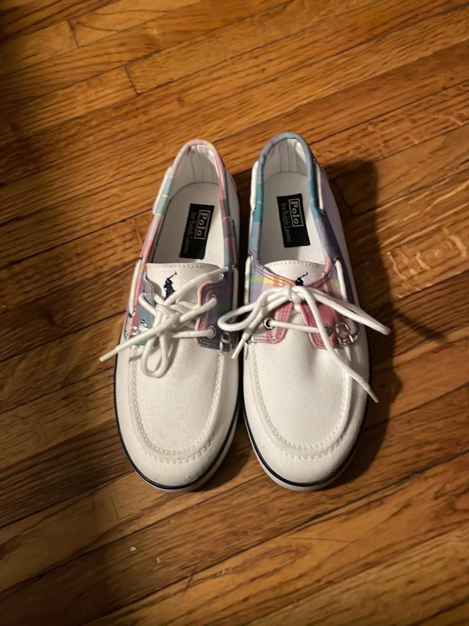 1990s Polo Ralph Lauren plaid boat shoes in white. Depop