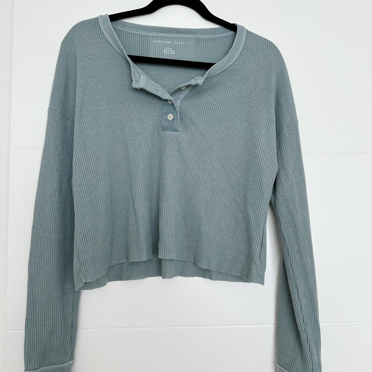 American Eagle Thermal Waffle Knit Henley Crop Long | Depop
