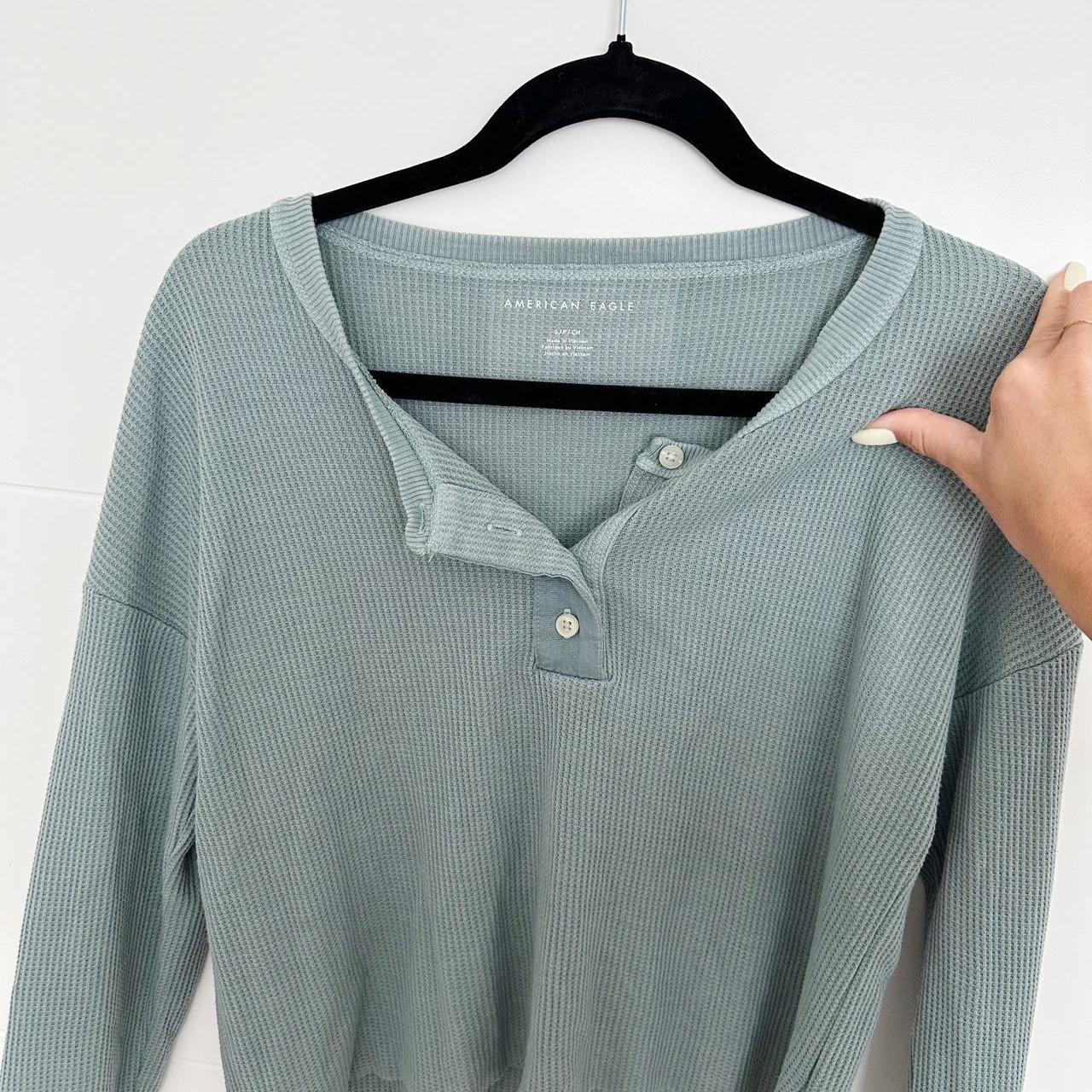 American Eagle Thermal Waffle Knit Henley Crop Long | Depop