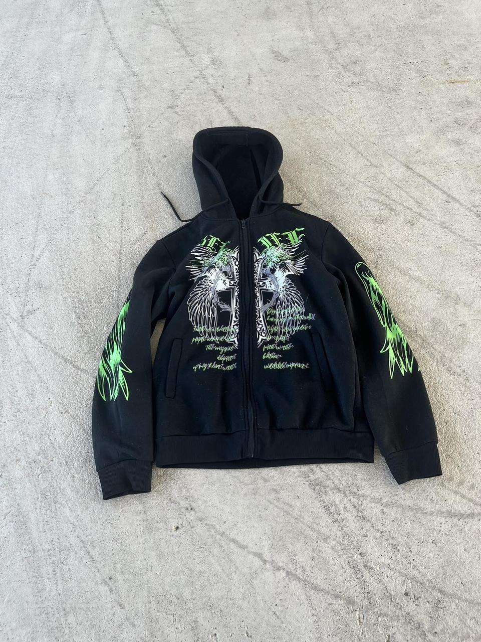 2000s JNCO Style black and green zip up hoodie #y2k... - Depop