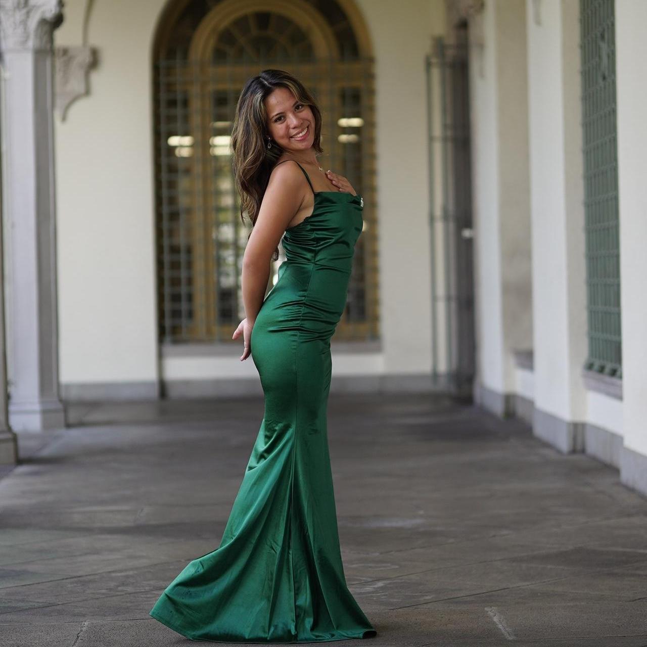 Green Windsor Formal Dress Jazmine Cowl Neck Slit A-Line Satin