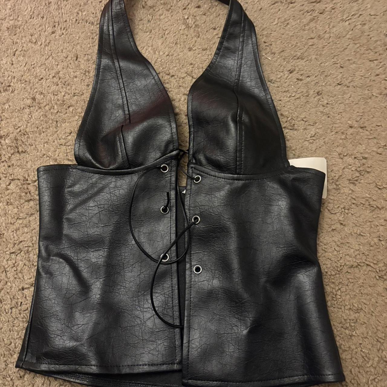 Black faux leather halter top with lace up Depop