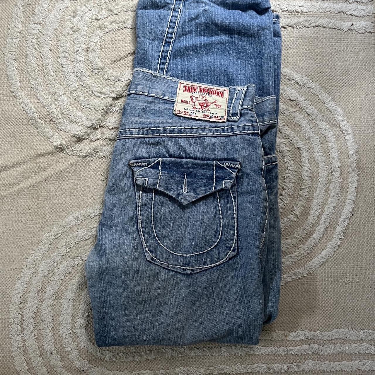 light wash denim true religion jeans with white... - Depop