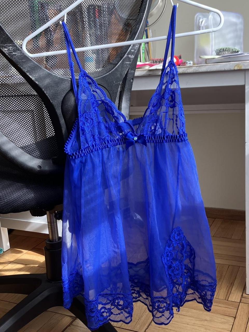 Fredericks of Hollywood blue + lace + beaded sheer... - Depop