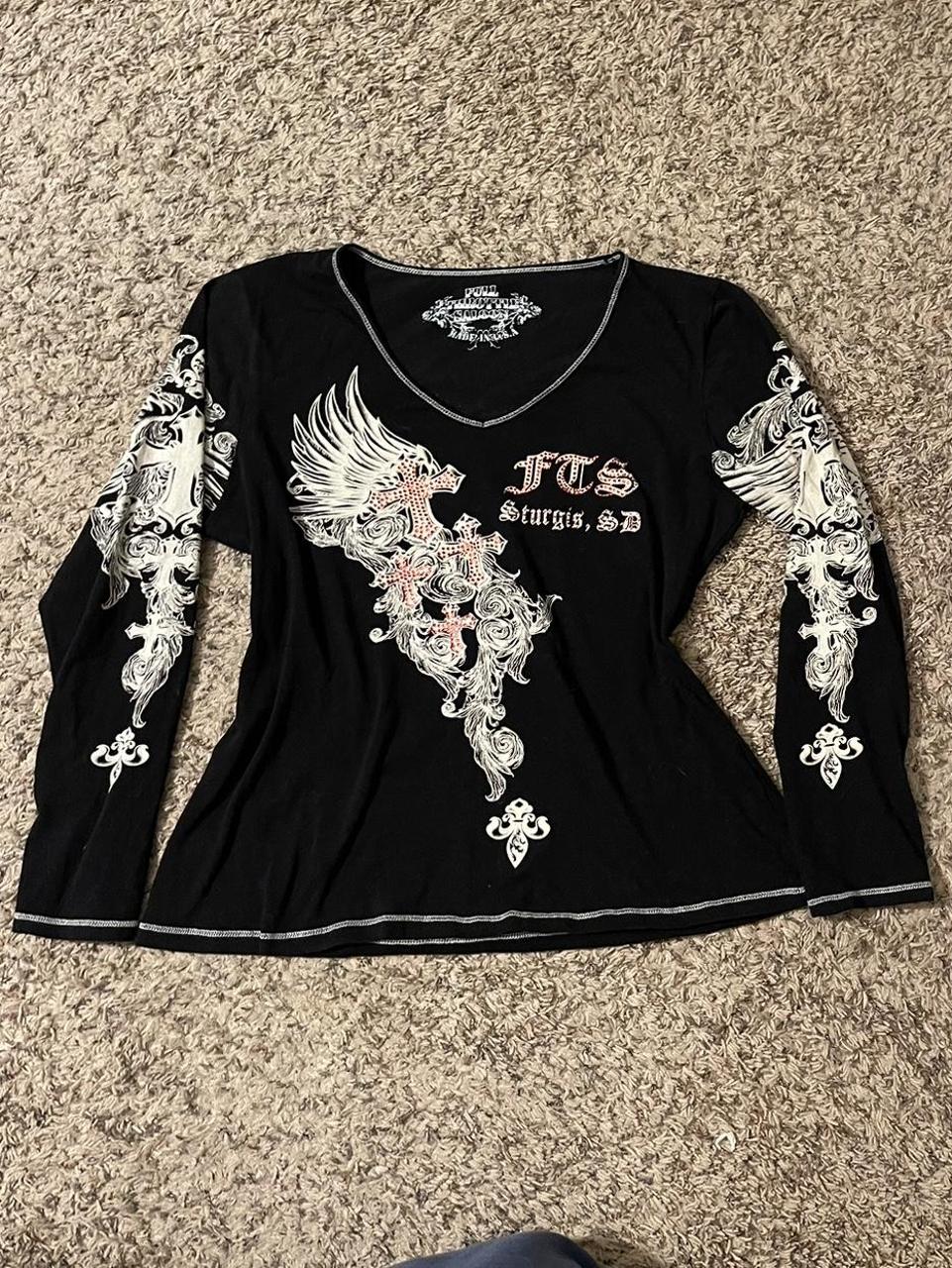 black graphic tee with red gems fits like a large/... - Depop